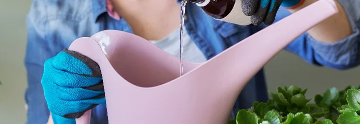 Person gießt Dünger in Gießkanne